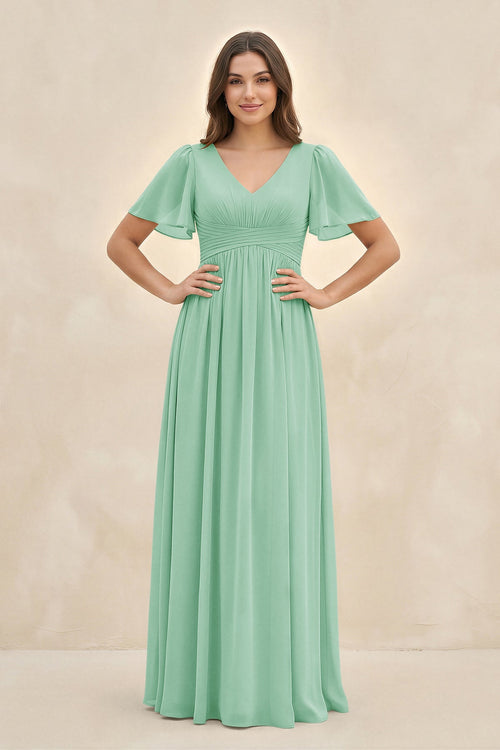 Short Sleeve Chiffon V-Neck A-Line Bridesmaid Dress in Pale Pistachio - SHE IS ME BRIDESMAID DRESSES