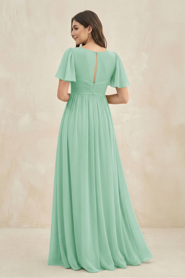 Short Sleeve Chiffon V-Neck A-Line Bridesmaid Dress in Pale Pistachio - SHE IS ME BRIDESMAID DRESSES