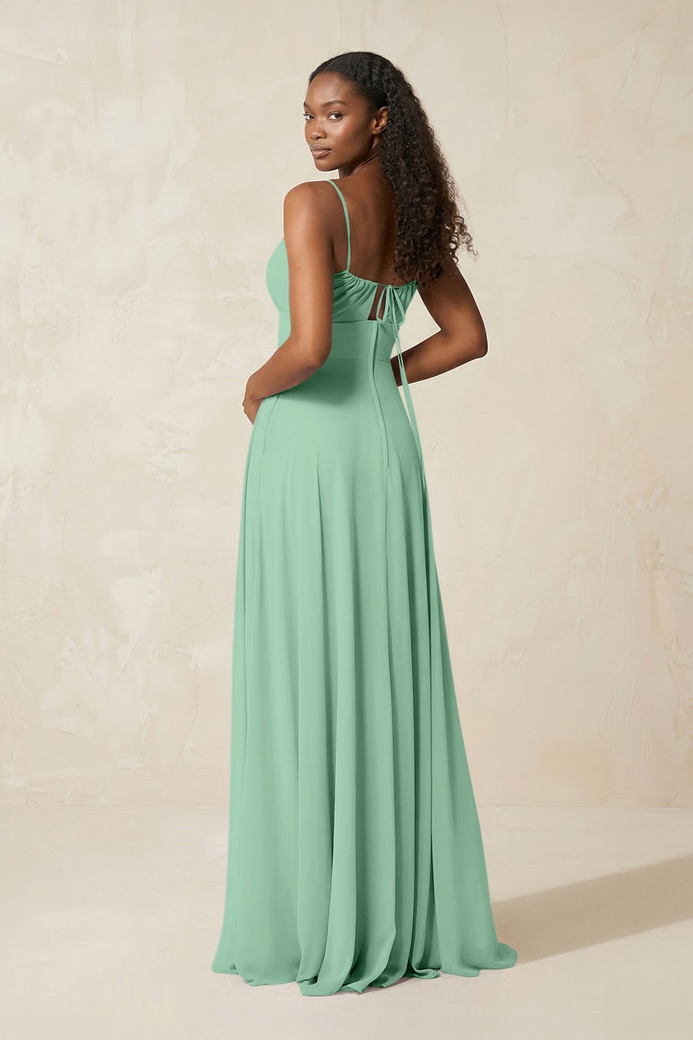 A-Line Ruched Chiffon Spaghetti Strap Bridesmaid Dress in Pale Pistachio - KISS BRIDAL BRIDESMAID DRESSES