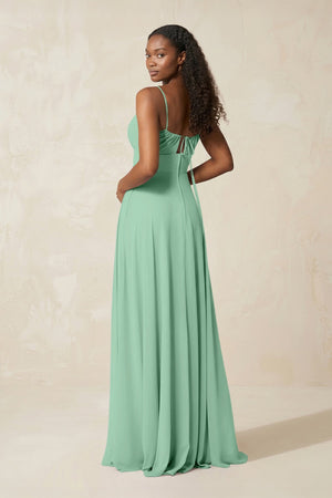 A-Line Ruched Chiffon Spaghetti Strap Bridesmaid Dress in Pale Pistachio - SHE IS ME BRIDESMAID DRESSES