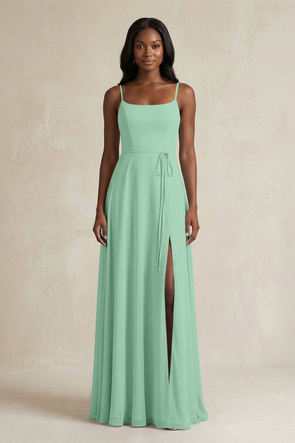 A-Line Spaghetti Straps Chiffon Bridesmaid Dress in Pale Pistachio - KISS BRIDAL BRIDESMAID DRESSES