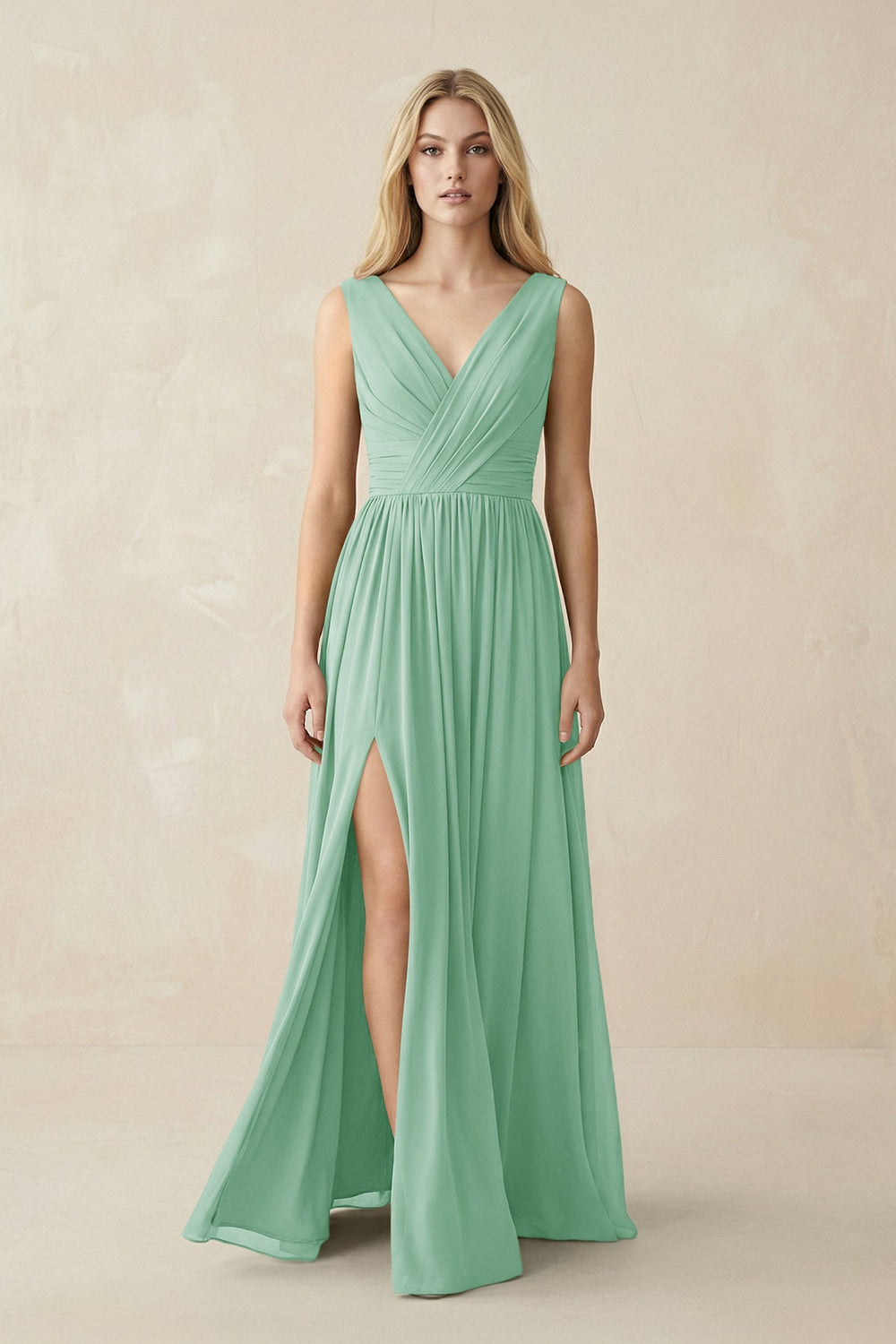 V-Neck Chiffon Pleated A-Line Bridesmaid Dress in Pale Pistachio - KISS BRIDAL BRIDESMAID DRESSES