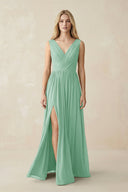 V-Neck Chiffon Pleated A-Line Bridesmaid Dress in Pale Pistachio - SHE IS ME BRIDESMAID DRESSES