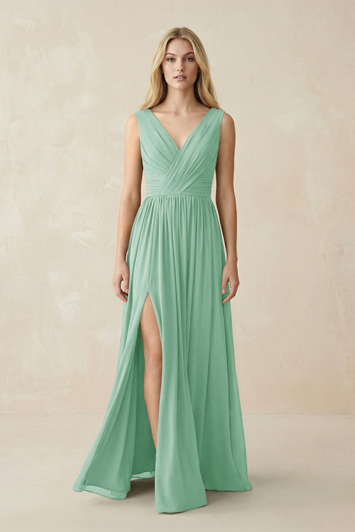 V-Neck Chiffon Pleated A-Line Bridesmaid Dress in Pale Pistachio - SHE IS ME BRIDESMAID DRESSES