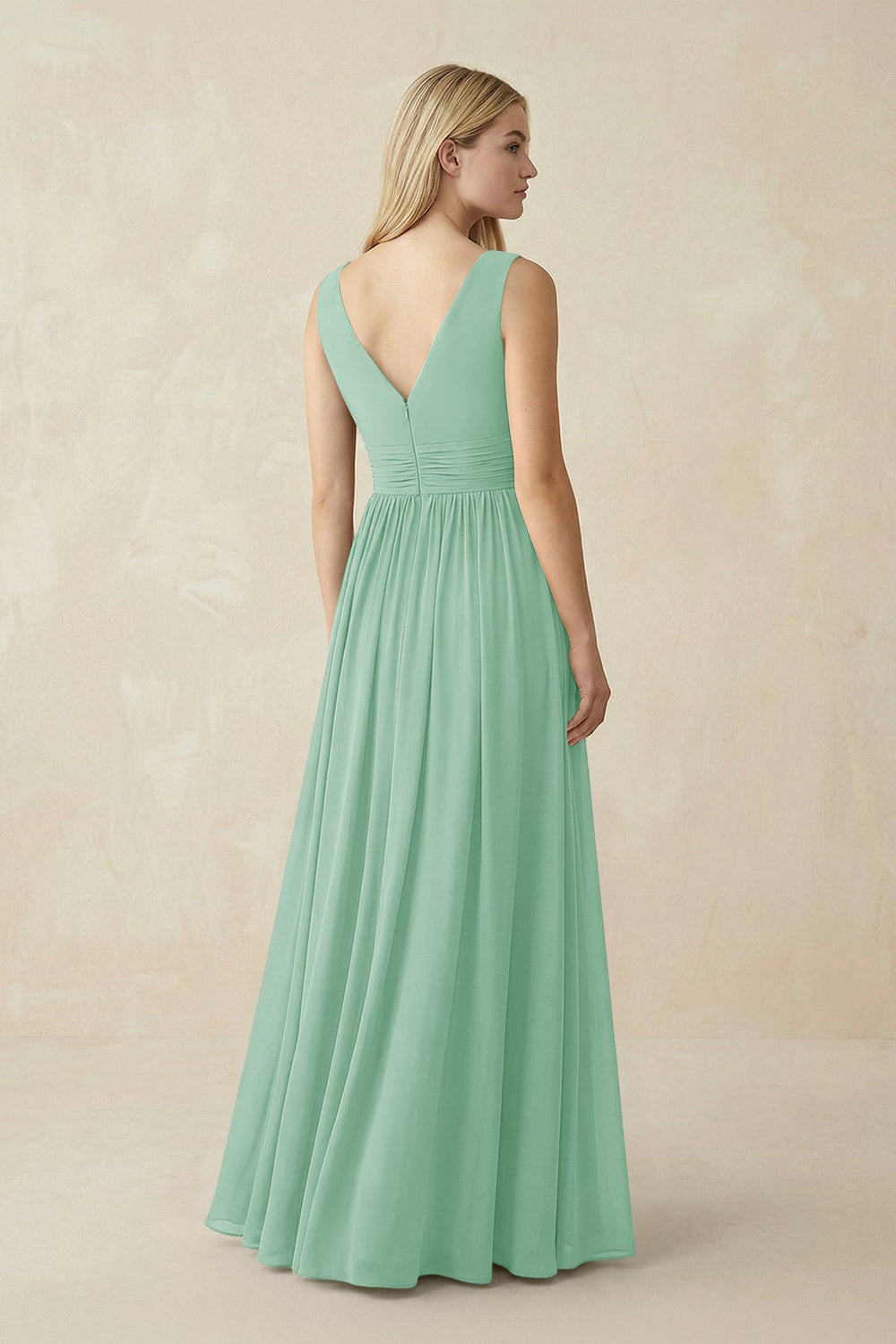 V-Neck Chiffon Pleated A-Line Bridesmaid Dress in Pale Pistachio - KISS BRIDAL BRIDESMAID DRESSES