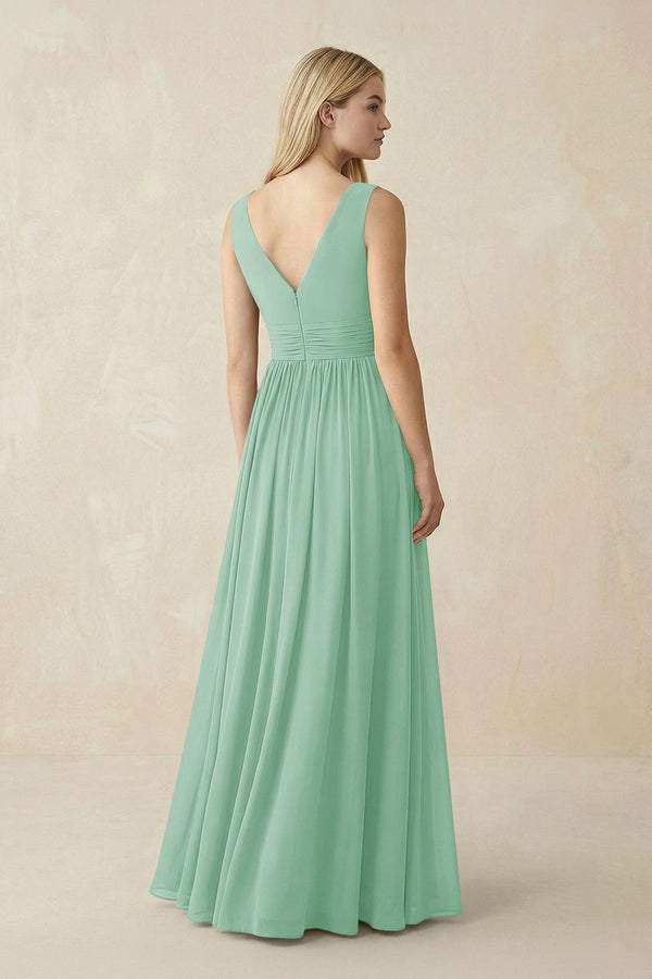 V-Neck Chiffon Pleated A-Line Bridesmaid Dress in Pale Pistachio - SHE IS ME BRIDESMAID DRESSES