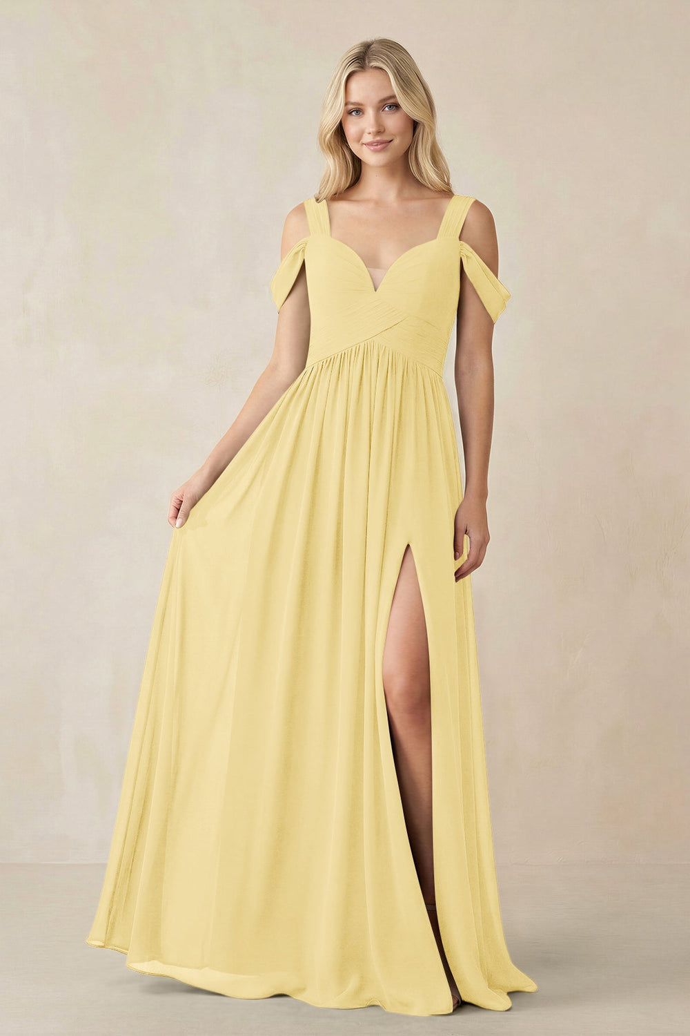 Chiffon A-Line Bridesmaid Dress with Slit  in Pastel Yellow - KISS BRIDAL BRIDESMAID DRESSES