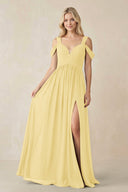 Chiffon A-Line Bridesmaid Dress with Slit  in Pastel Yellow - SHE IS ME BRIDESMAID DRESSES
