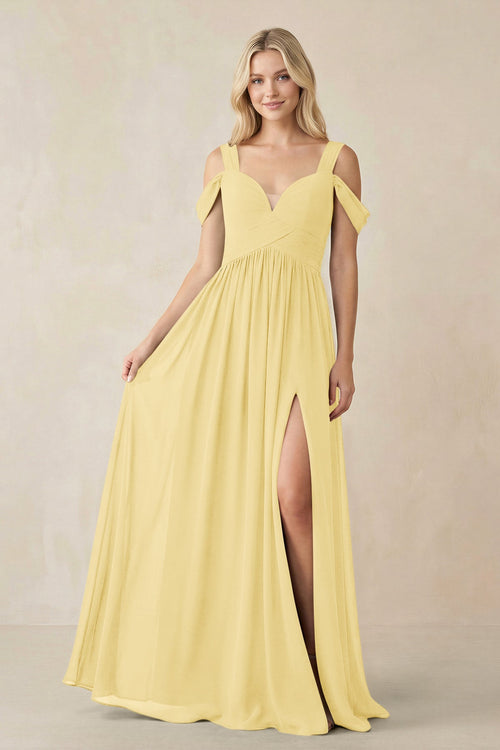 Chiffon A-Line Bridesmaid Dress with Slit  in Pastel Yellow - SHE IS ME BRIDESMAID DRESSES