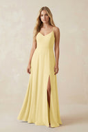Cami Strap A-Line Chiffon Bridesmaid Dress with Slit in Pastel Yellow - SHE IS ME BRIDESMAID DRESSES