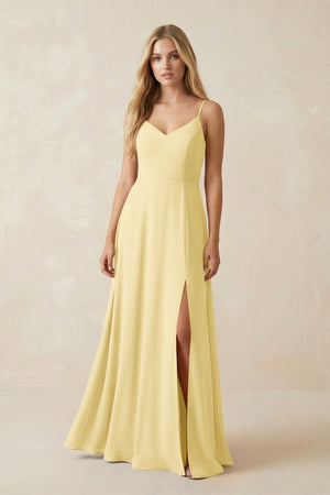 Cami Strap A-Line Chiffon Bridesmaid Dress with Slit in Pastel Yellow - SHE IS ME BRIDESMAID DRESSES