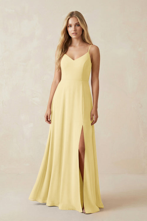 Cami Strap A-Line Chiffon Bridesmaid Dress with Slit in Pastel Yellow - SHE IS ME BRIDESMAID DRESSES