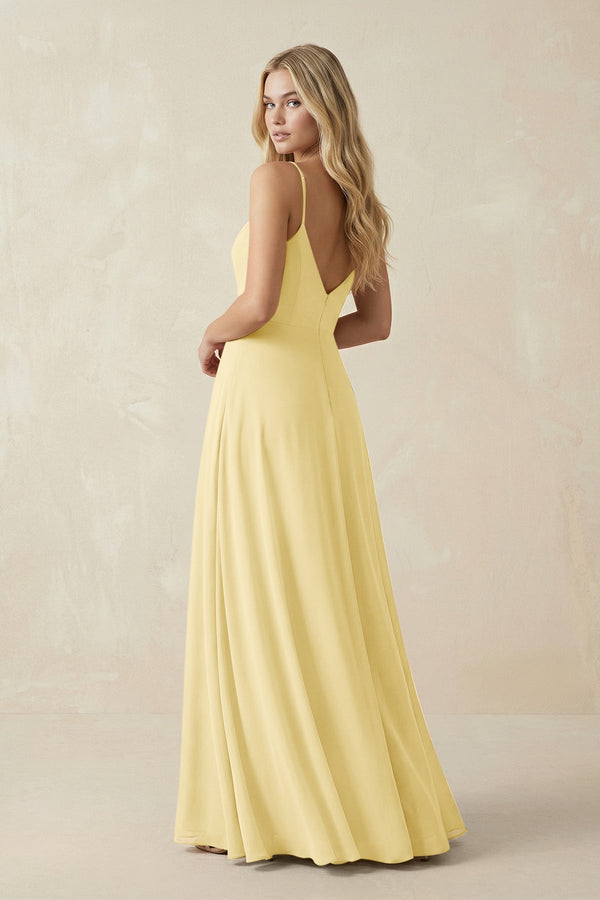 Cami Strap A-Line Chiffon Bridesmaid Dress with Slit in Pastel Yellow - SHE IS ME BRIDESMAID DRESSES