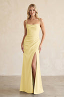 Cami Strap Chiffon Sheath Bridesmaid Dress with Slit in Pastel Yellow - SHE IS ME BRIDESMAID DRESSES