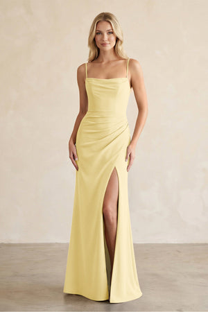 Cami Strap Chiffon Sheath Bridesmaid Dress with Slit in Pastel Yellow - SHE IS ME BRIDESMAID DRESSES