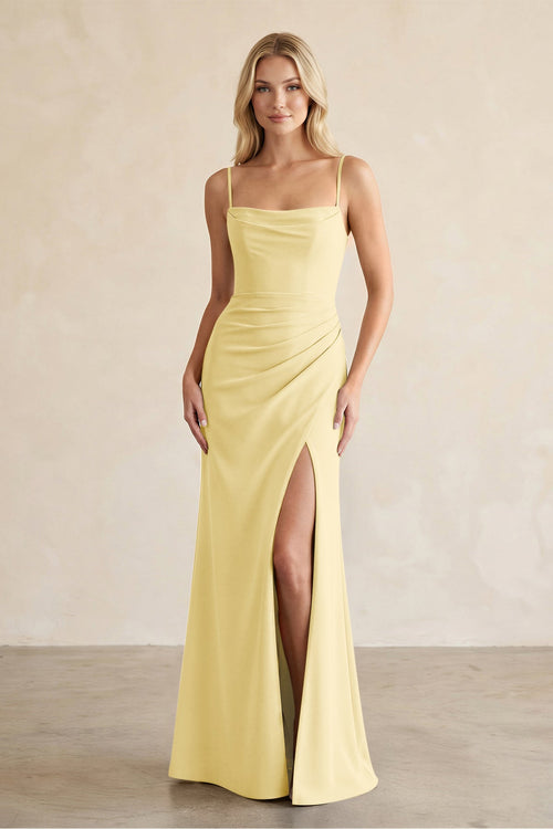 Cami Strap Chiffon Sheath Bridesmaid Dress with Slit in Pastel Yellow - SHE IS ME BRIDESMAID DRESSES