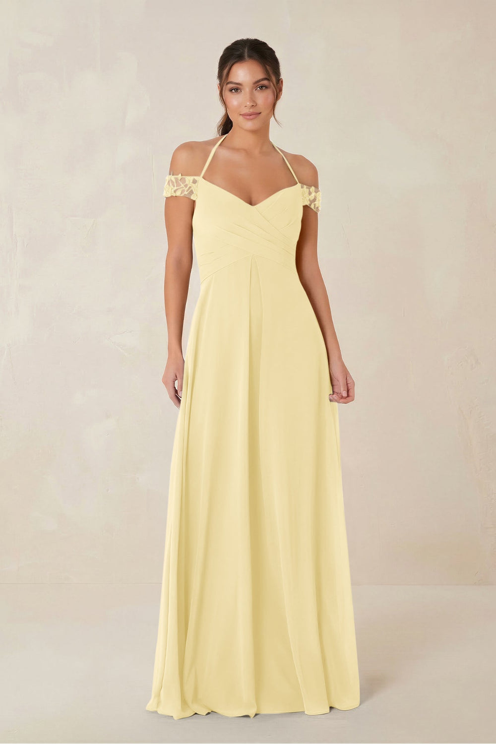 A-Line Off-the-Shoulder Chiffon Bridesmaid Dress in Pastel Yellow - KISS BRIDAL BRIDESMAID DRESSES