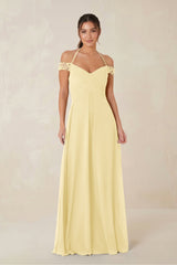 A-Line Off-the-Shoulder Chiffon Bridesmaid Dress in Pastel Yellow - KISS BRIDAL BRIDESMAID DRESSES