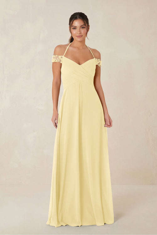A-Line Off-the-Shoulder Chiffon Bridesmaid Dress in Pastel Yellow - KISS BRIDAL BRIDESMAID DRESSES
