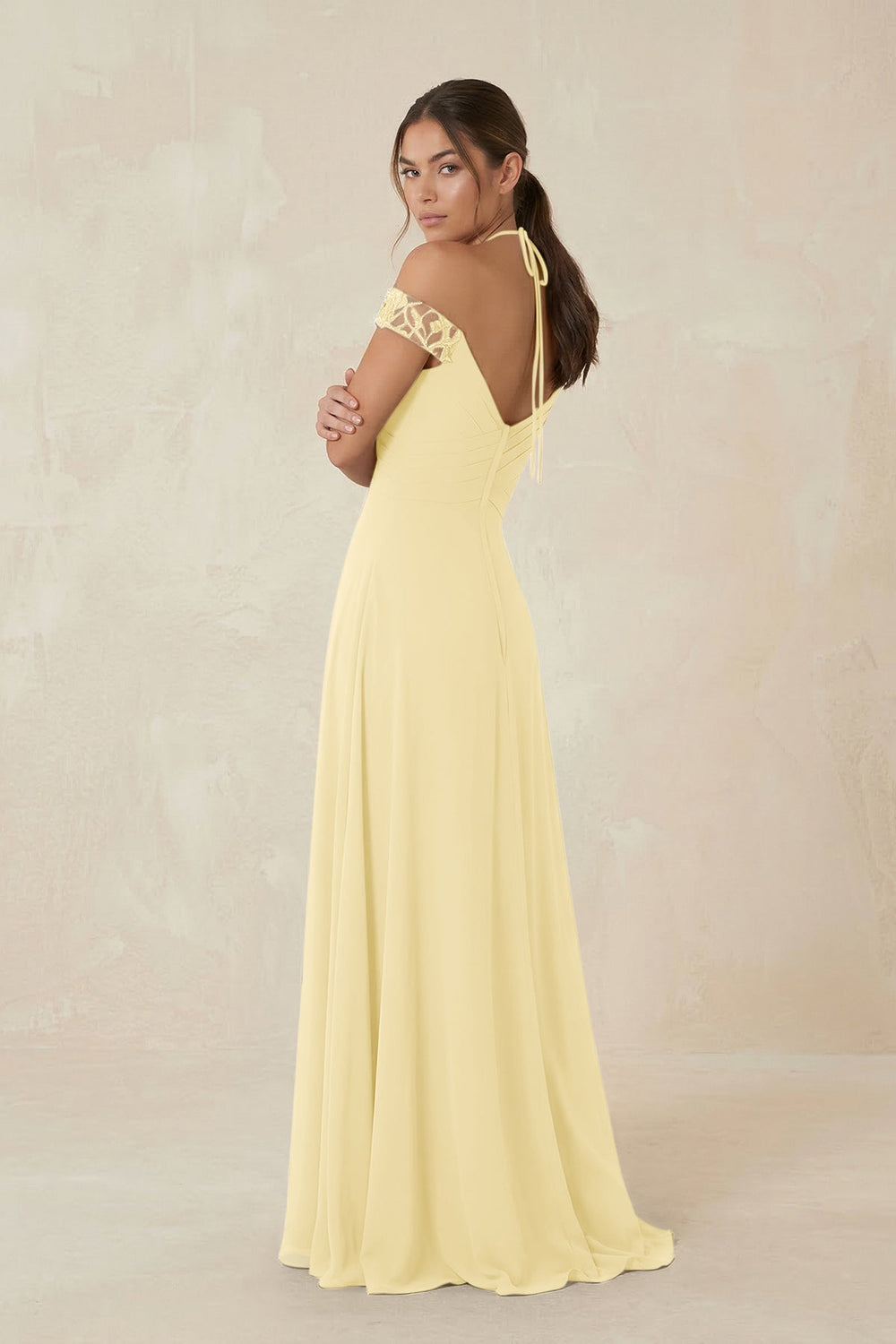 A-Line Off-the-Shoulder Chiffon Bridesmaid Dress in Pastel Yellow - KISS BRIDAL BRIDESMAID DRESSES