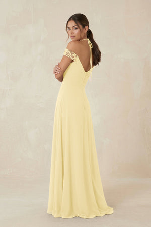 A-Line Off-the-Shoulder Chiffon Bridesmaid Dress in Pastel Yellow - KISS BRIDAL BRIDESMAID DRESSES