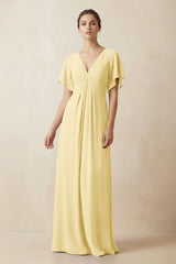 Short Sleeve V-Neck Chiffon A-Line Bridesmaid Dress in Pastel Yellow - KISS BRIDAL BRIDESMAID DRESSES