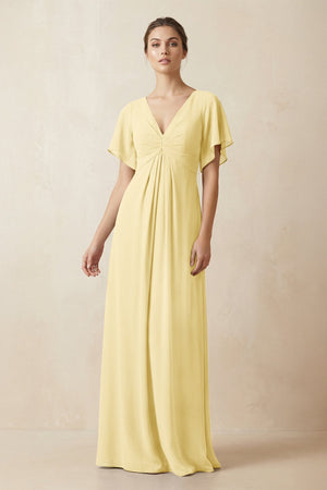 Short Sleeve V-Neck Chiffon A-Line Bridesmaid Dress in Pastel Yellow - SHE IS ME BRIDESMAID DRESSES