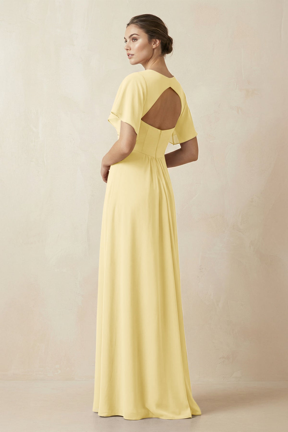 Short Sleeve V-Neck Chiffon A-Line Bridesmaid Dress in Pastel Yellow - KISS BRIDAL BRIDESMAID DRESSES