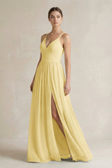 A-Line Spaghetti Strap Chiffon Bridesmaid Dress in Pastel Yellow - KISS BRIDAL BRIDESMAID DRESSES