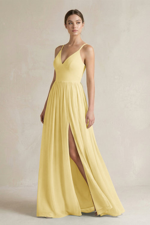 A-Line Spaghetti Strap Chiffon Bridesmaid Dress in Pastel Yellow - SHE IS ME BRIDESMAID DRESSES