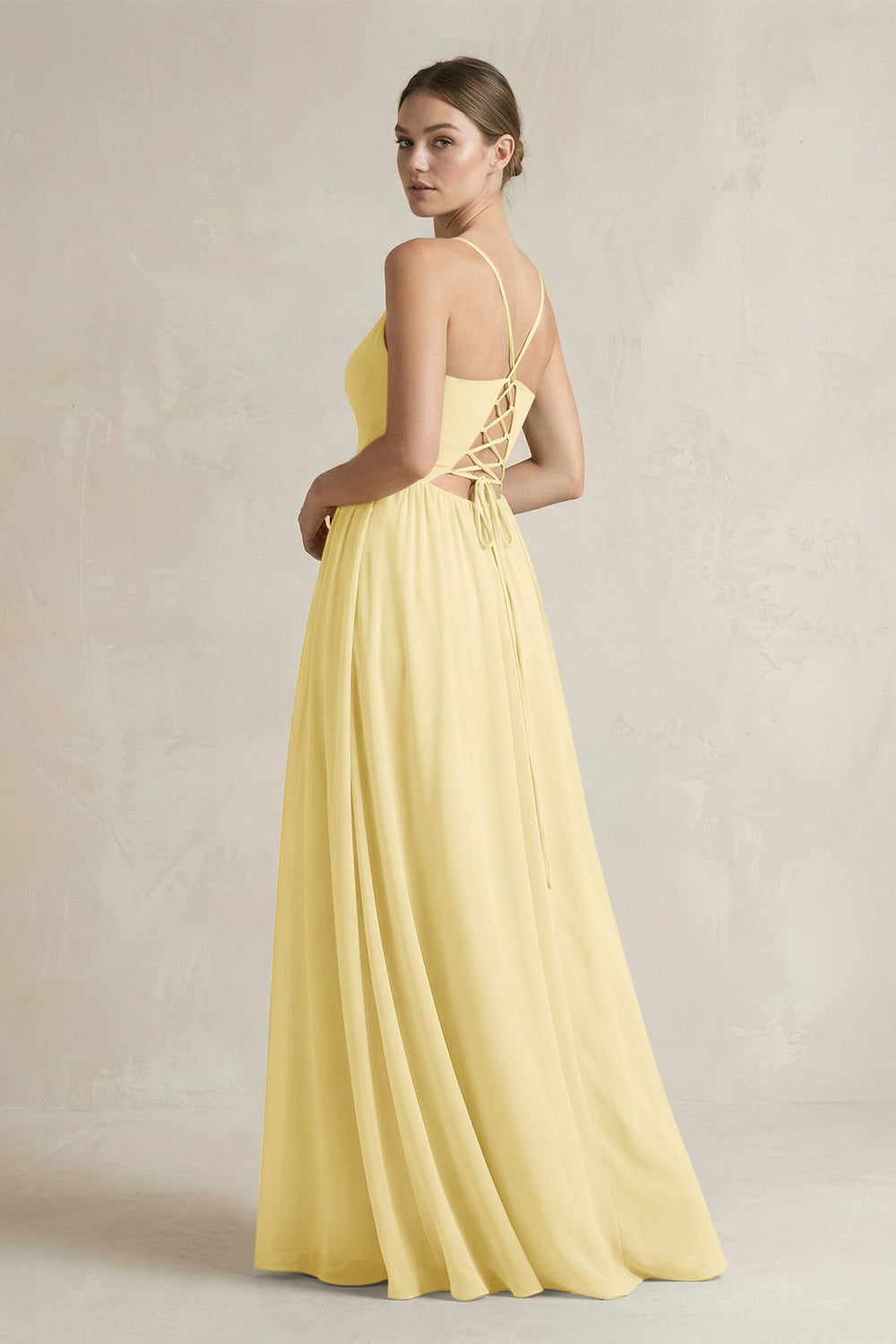 A-Line Spaghetti Strap Chiffon Bridesmaid Dress in Pastel Yellow - SHE IS ME BRIDESMAID DRESSES