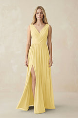 V-Neck Chiffon Pleated A-Line Bridesmaid Dress in Pastel Yellow - KISS BRIDAL BRIDESMAID DRESSES
