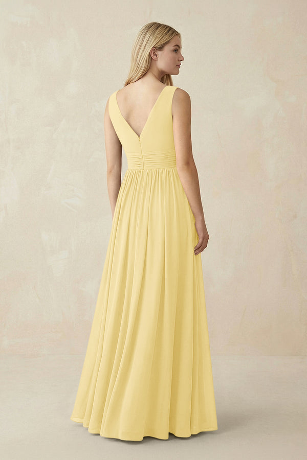 V-Neck Chiffon Pleated A-Line Bridesmaid Dress in Pastel Yellow - SHE IS ME BRIDESMAID DRESSES