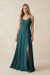 Cami Strap A-Line Chiffon Bridesmaid Dress with Slit in Pine - KISS BRIDAL BRIDESMAID DRESSES