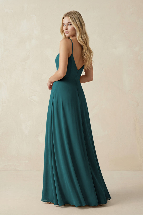 Cami Strap A-Line Chiffon Bridesmaid Dress with Slit in Pine - SHE IS ME BRIDESMAID DRESSES