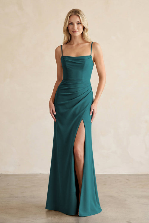 Cami Strap Chiffon Sheath Bridesmaid Dress with Slit in Pine - SHE IS ME BRIDESMAID DRESSES