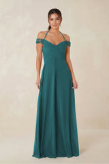 A-Line Off-the-Shoulder Chiffon Bridesmaid Dress in Pine - KISS BRIDAL BRIDESMAID DRESSES