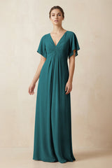 Short Sleeve V-Neck Chiffon A-Line Bridesmaid Dress in Pine - KISS BRIDAL BRIDESMAID DRESSES