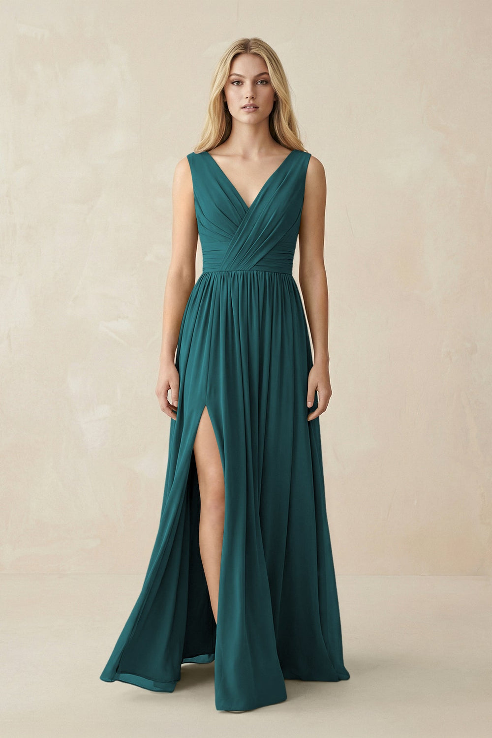 V-Neck Chiffon Pleated A-Line Bridesmaid Dress in Pine - KISS BRIDAL BRIDESMAID DRESSES
