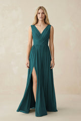 V-Neck Chiffon Pleated A-Line Bridesmaid Dress in Pine - KISS BRIDAL BRIDESMAID DRESSES