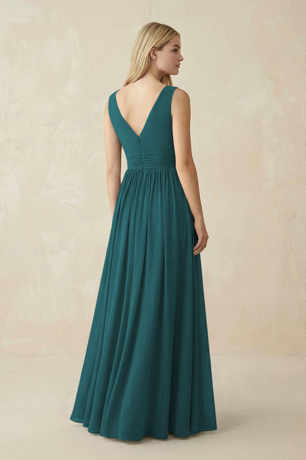 V-Neck Chiffon Pleated A-Line Bridesmaid Dress in Pine - SHE IS ME BRIDESMAID DRESSES
