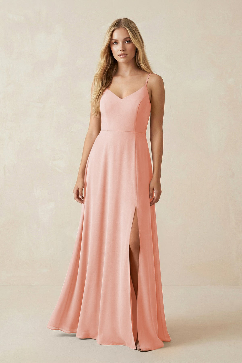 Cami Strap A-Line Chiffon Bridesmaid Dress with Slit in Rose Petal - KISS BRIDAL BRIDESMAID DRESSES