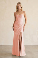 Cami Strap Chiffon Sheath Bridesmaid Dress with Slit in Rose Petal - SHE IS ME BRIDESMAID DRESSES