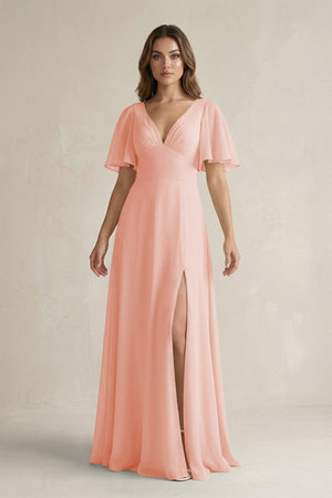 Flutter Sleeve V-Neck A-Line Chiffon Bridesmaid Dress in Rose Petal