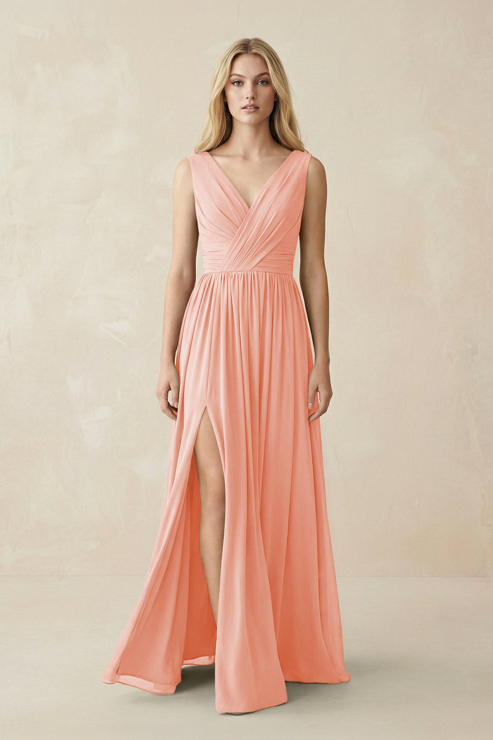 V-Neck Chiffon Pleated A-Line Bridesmaid Dress in Rose Petal - KISS BRIDAL BRIDESMAID DRESSES