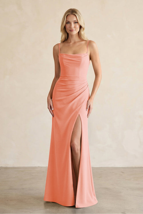 Cami Strap Chiffon Sheath Bridesmaid Dress with Slit in Rosette - SHE IS ME BRIDESMAID DRESSES