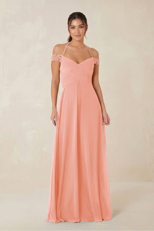 A-Line Off-the-Shoulder Chiffon Bridesmaid Dress in Rosette - KISS BRIDAL BRIDESMAID DRESSES