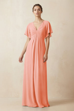 Short Sleeve V-Neck Chiffon A-Line Bridesmaid Dress in Rosette - SHE IS ME BRIDESMAID DRESSES