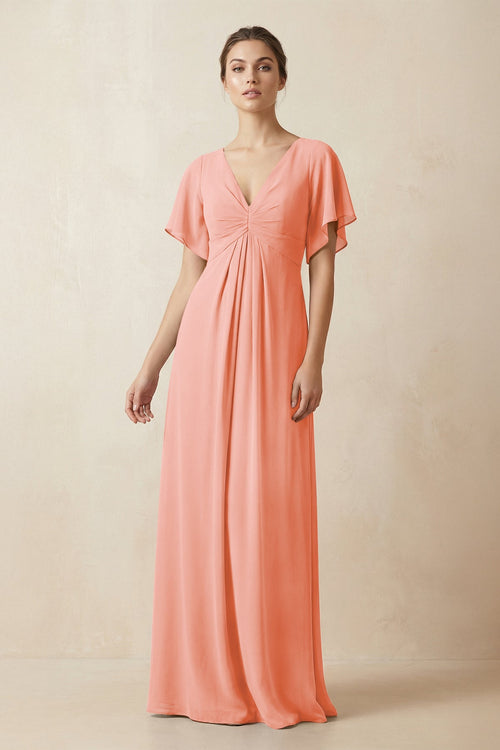 Short Sleeve V-Neck Chiffon A-Line Bridesmaid Dress in Rosette - SHE IS ME BRIDESMAID DRESSES