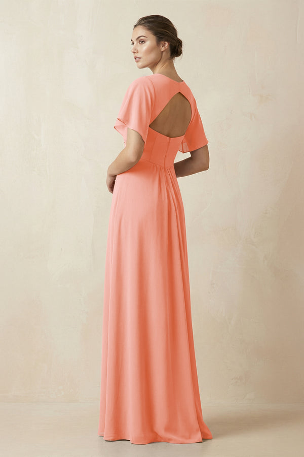 Short Sleeve V-Neck Chiffon A-Line Bridesmaid Dress in Rosette - SHE IS ME BRIDESMAID DRESSES